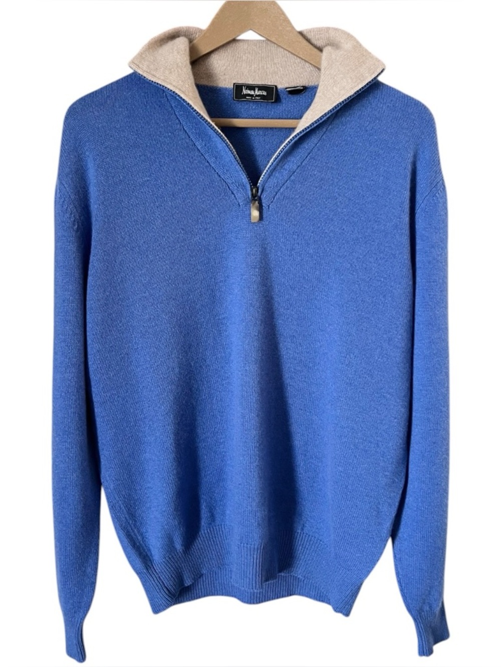 Neiman Marcus Cerulean Blue Cashmere Medium 1/4 Zip Collared Knit Sweater Italy
